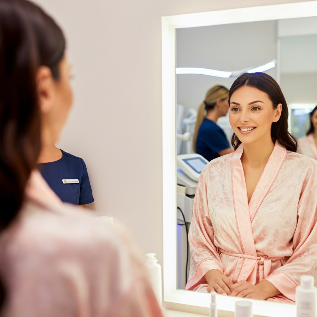 woman seeing her beauty in the mirror